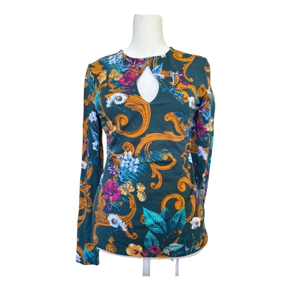 GUESS Teal Baroque Floral Print Keyhole Top Gold Scroll Design Size M